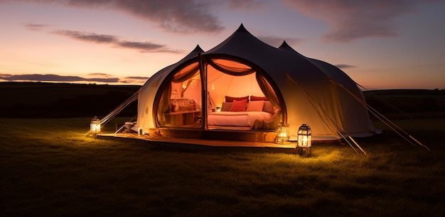 Glamping tenda de campismo à noite Acampamento branco de verão Natureza verde turismo