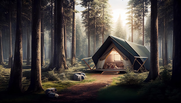 Glamping tenda na paisagem deslumbrante da floresta