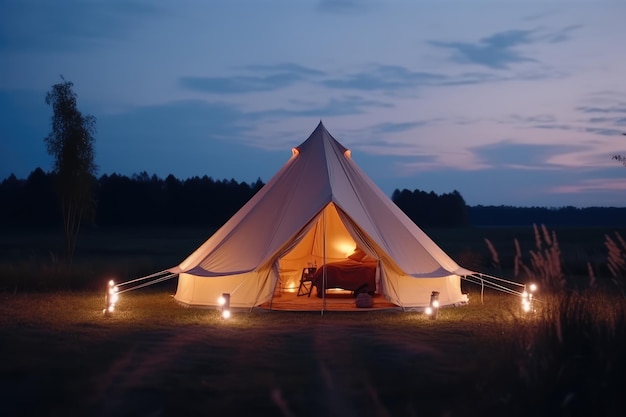 Glamping en la vida de camping glamorosa de lujo por la noche en la naturaleza