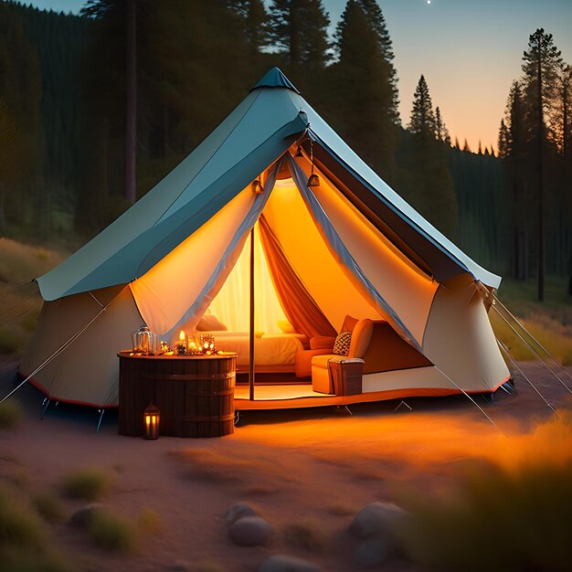 Glamping en una vida nocturna de lujo y glamurosa acampada en la naturaleza