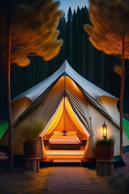 Glamping en una vida nocturna de lujo y glamurosa acampada en la naturaleza