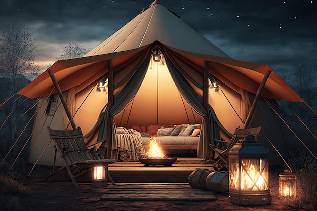 Glamping-Zelt mit Laternen und Feuerstelle für warme und gemütliche Atmosphäre