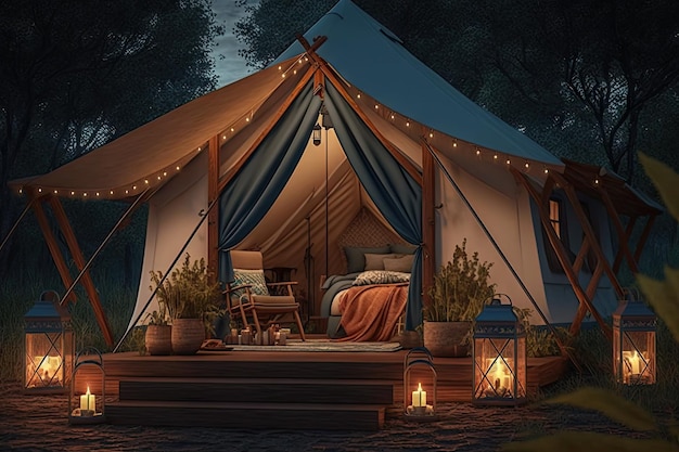 Glamping-Zelt mit Laternen und Feuerstelle für warme und gemütliche Atmosphäre