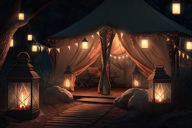 Glamping-Zelt mit Laternen und Lichterketten bei Nacht