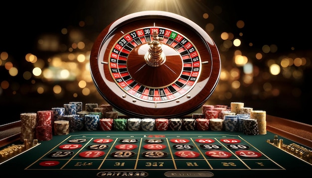 La glamurosa noche de casino de la ruleta y las fichas brillan