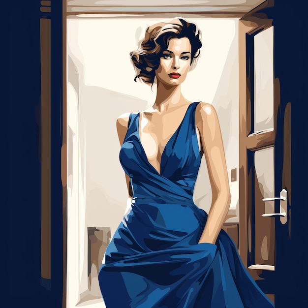 Glamurosa Pinup Mujer hermosa en vestido azul posando en la puerta chic