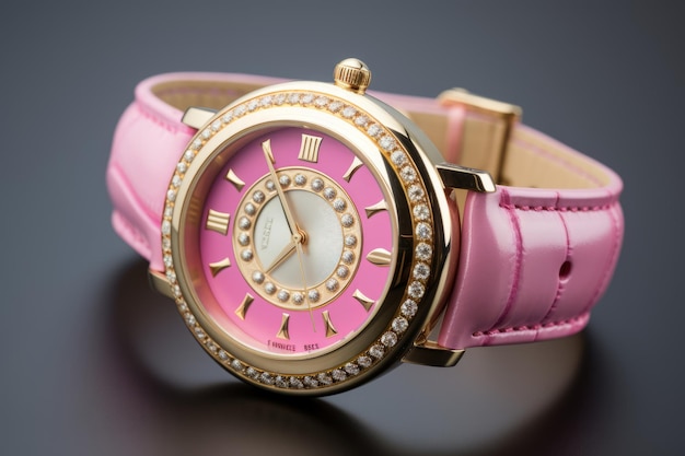 Glamuroso reloj analógico de color oro adornado con una correa rosa AR 32