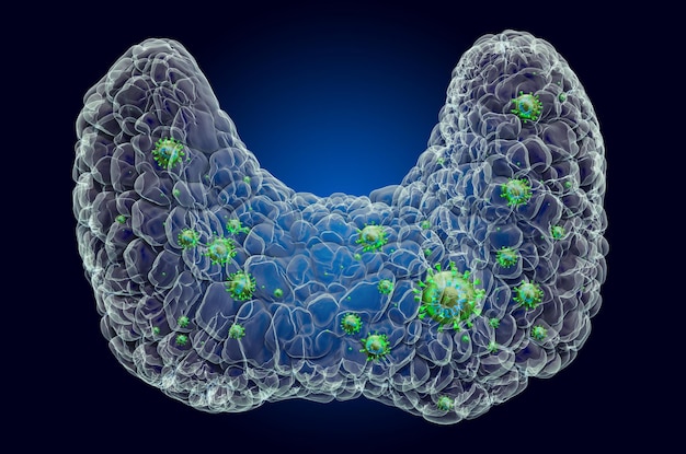 Glândula tireóide com renderização 3D de holograma de raio-x de efeito de luz fantasma de vírus