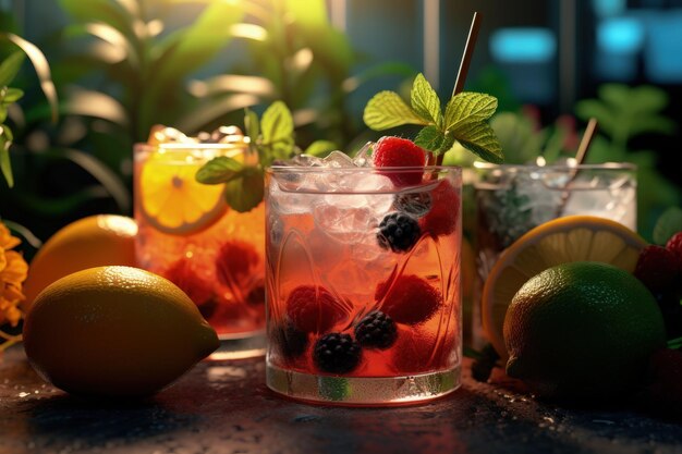 Glanzende Sommer-Mocktails mit Fruchtsirup und Garnieren