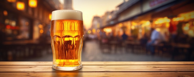 Glas Bier auf einem Holztisch in der Kneipe Unscharfer Hintergrund Kopierraum Banner Generative KI