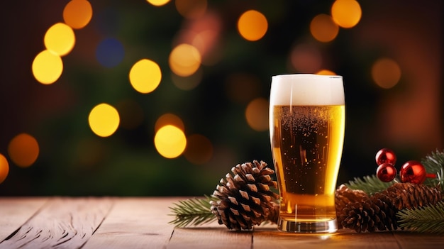 Glas Bier Kiefernkegel Weihnachtsmann Hut Weihnachtsbaum Zweig festlicher verschwommener Bokeh-Hintergrund
