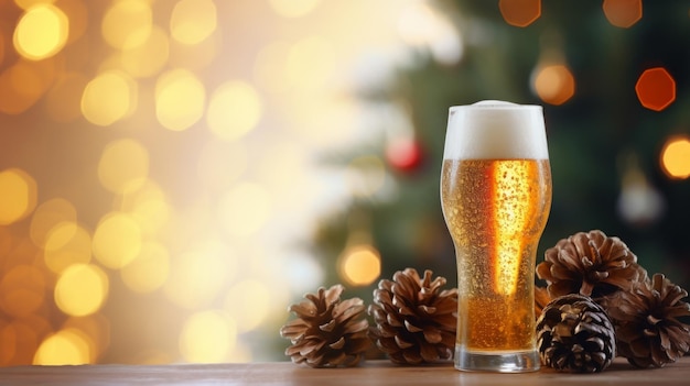 Glas Bier Kiefernkegel Weihnachtsmann Hut Weihnachtsbaum Zweig festlicher verschwommener Bokeh-Hintergrund