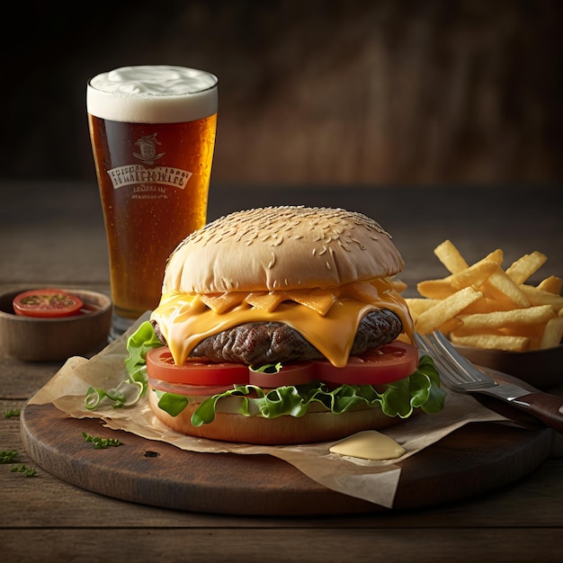 Glas Bier mit Cheeseburger und Pommes