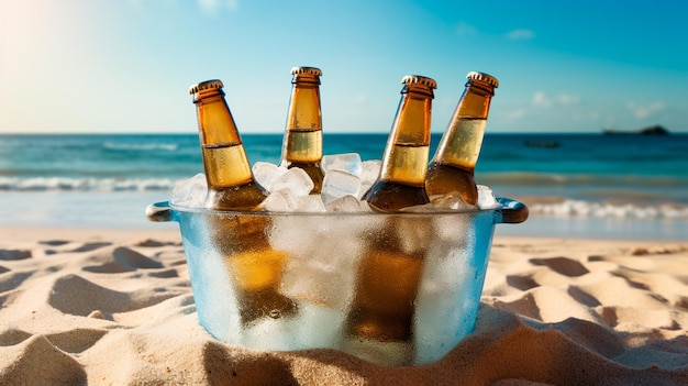 Glas Bier mit Eis am Strand