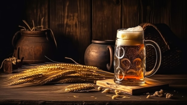 Glas Bier mit Weizen auf hölzern Hintergrund Ai erzeugt