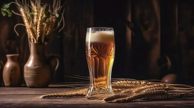 Glas Bier mit Weizen auf hölzernem Hintergrund Ai erzeugt