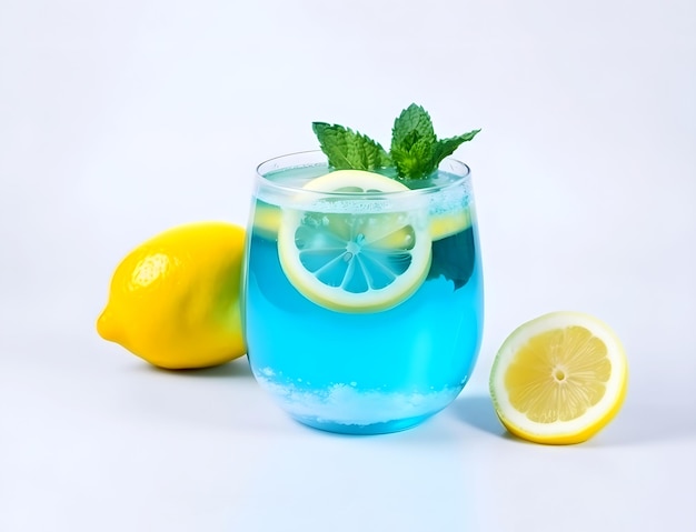 Glas Blue Lagoon Cocktail auf weißem Hintergrund Generative AI