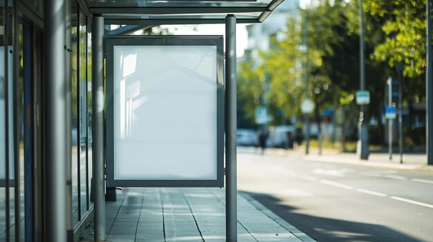 Glas-Busshelter an der Bushaltestelle leere weiße Lightbox-Schild Aluminiumstruktur städtische Anlage Generative KI