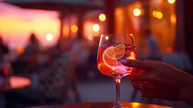 Glas Champagner in der Hand am Abend, rosa Sonnenuntergang, Sommerstrand, Restaurant, Kerze, verschwommenes Licht