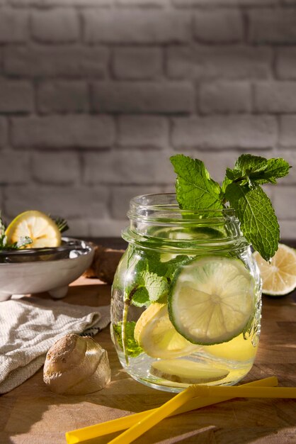 Glas Detox-Wasser mit Minze, Ingwer, Rosmarin und Limetten