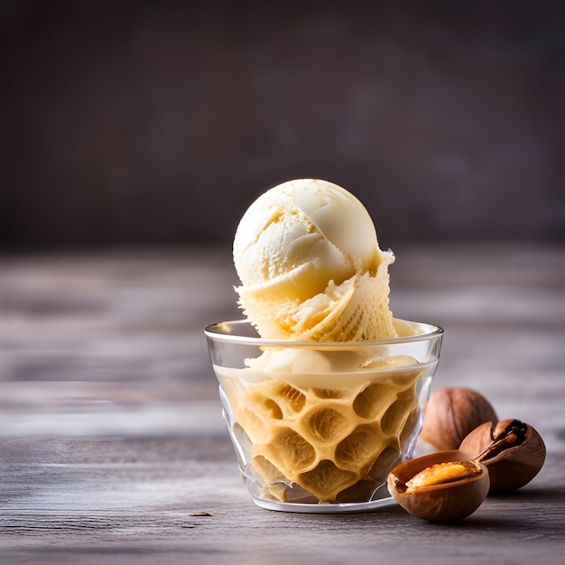 Glas-Eisbecher gefüllt mit Vanille-Eis-Gelee und Honig