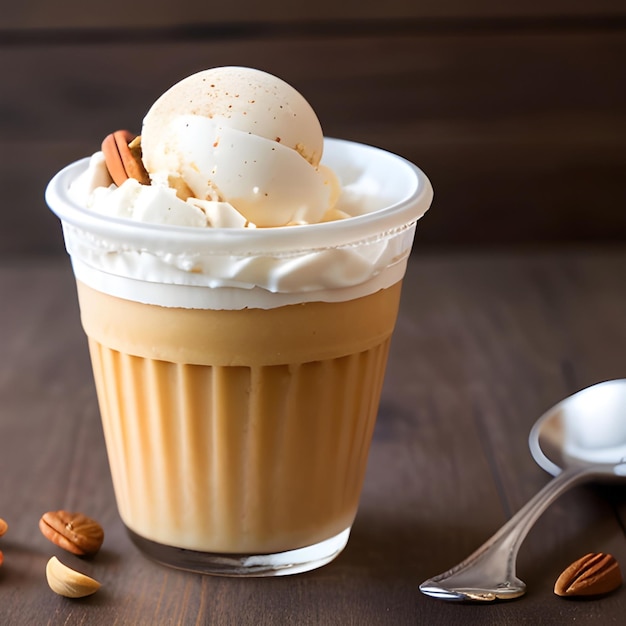 Glas-Eisbecher gefüllt mit Vanille-Eis-Jelly-Honig und Nüssen auf einem Holztisch