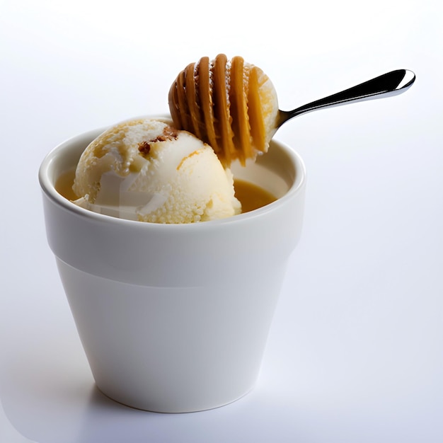 Glas-Eisbecher gefüllt mit Vanille-Eis-Jelly-Honig und Nüssen mit einem Löffel auf dem Tisch