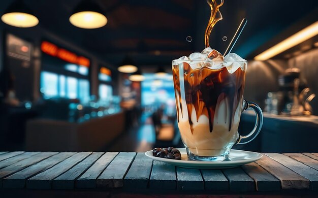 Glas eiskalte Kaffee-Latte auf hölzerner Theke Kaffee Sommerkaffee-Getränke und Erfrischungen Konzept