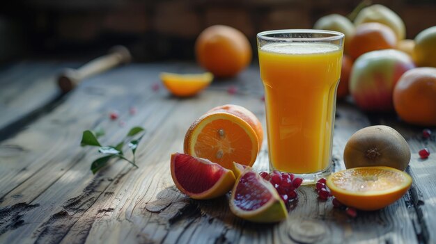 Foto glas frischer orangensaft mit frischen früchten auf einem holztisch