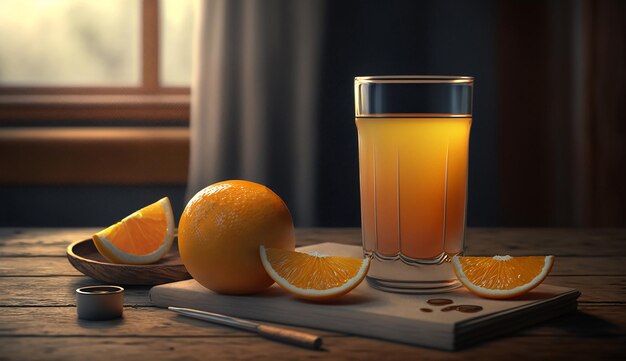 Foto glas frischer orangensaft mit frischen früchten auf holztisch generative ki