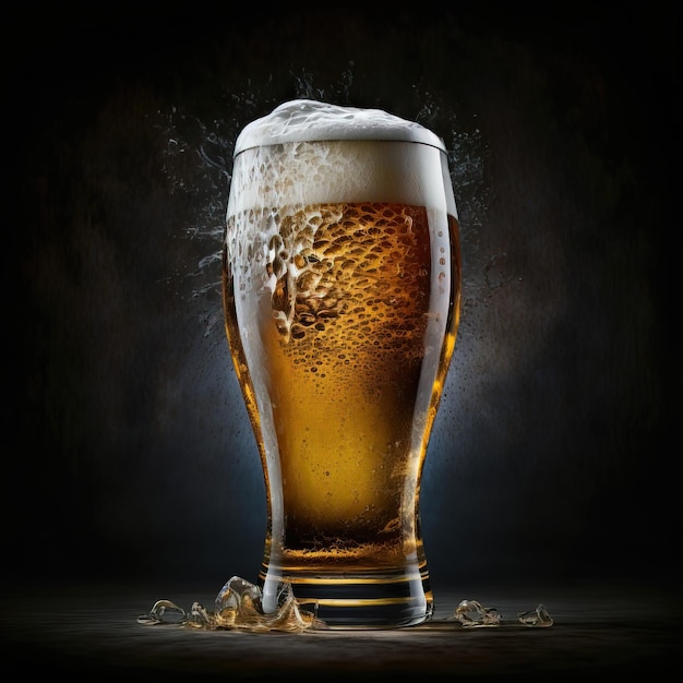 Glas frisches und kaltes Bier auf dunklem Hintergrund generative ai