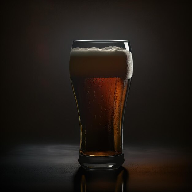 Glas frisches und kaltes Bier auf dunklem Hintergrund generative ai