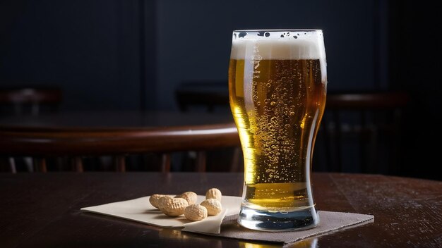 Glas frisches und kaltes Bier auf dunklem Hintergrund