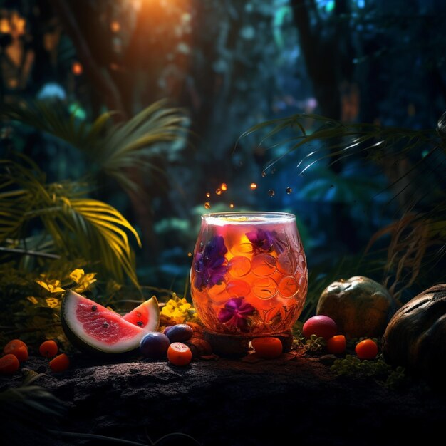 Foto glas getränk mit tropischen früchten im hintergrund, wunderschöne landschaft in der mitte des vordergrunds