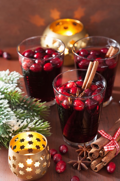 Glas Glühwein mit Preiselbeeren und Gewürzen, Wintergetränk