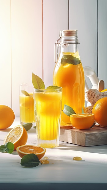 Glas hausgemachter Orangensaft mit geschnittenen Früchten Generative AI