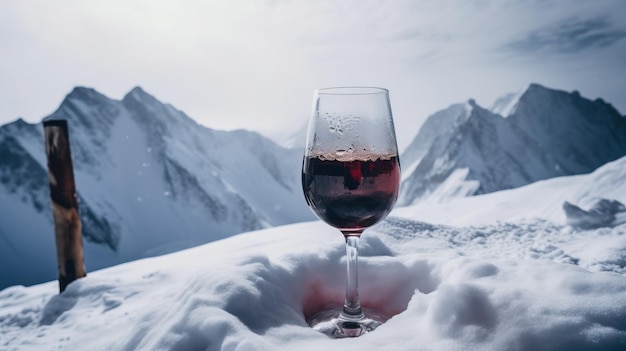 Glas heißem Rotwein, Glühwein, Nahaufnahme Hintergrund von schneebedeckten Skigipfeln der Berge, KI