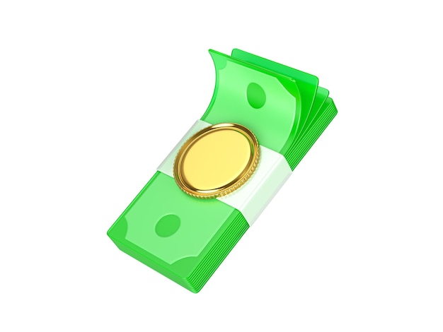 Glas-Icon-Stapel von Dollarnoten mit einer goldenen Münze auf weißem Hintergrund 3D-Render