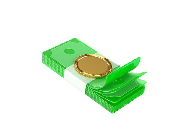 Glas-Icon-Stapel von Dollarnoten mit einer goldenen Münze auf weißem Hintergrund 3D-Render