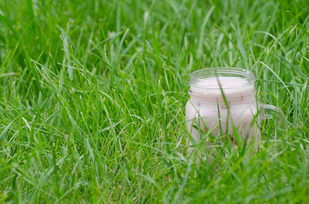 Glas Joghurt im grünen Gras