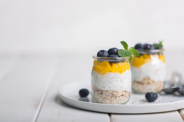 Glas Joghurt mit Blaubeeren und Mango-Mousse auf einem weißen Hintergrund