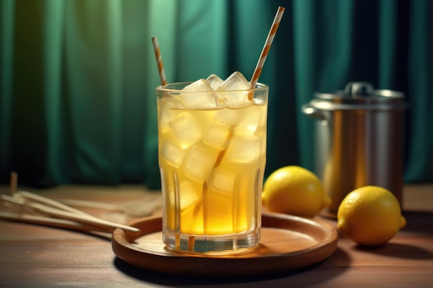 Glas kalte Limonade mit Eiswürfeln und einem Strohhalm, hergestellt mit generativer KI