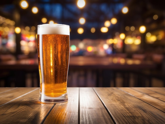 Glas kaltes Bier auf einem Holztisch mit verschwommenem Hintergrund Trinken von Alkohol im Freien