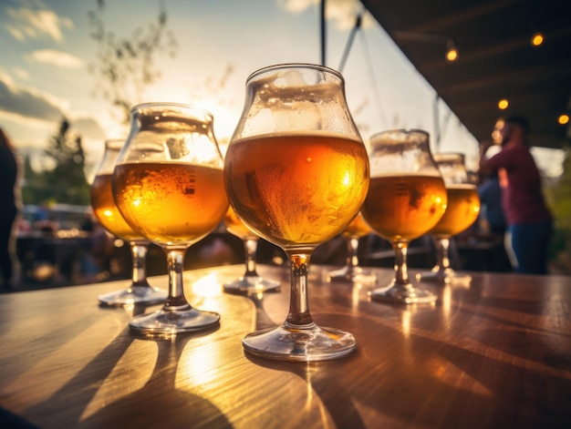 Glas kaltes Bier auf Holztisch mit verschwommenem Hintergrund Alkohol im Freien trinken