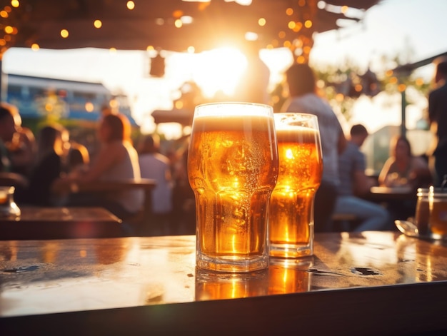 Glas kaltes Bier auf Holztisch mit verschwommenem Hintergrund Alkohol im Freien trinken