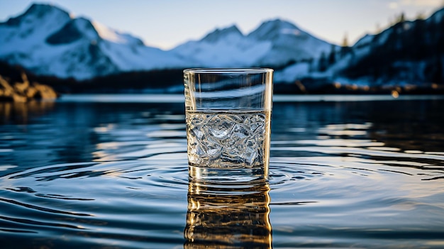 Glas klares Wasser auf dem Hintergrund von Bergen Platz für Text