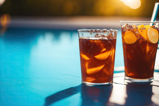 Glas Limonade oder Getränk am Rand des Pools ai generativ