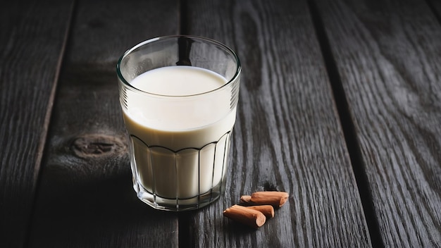 Glas Milch auf dunkler Holzoberfläche