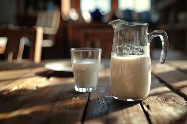 Glas Milch Ein Krug Milch und ein Glas Milch auf einem Holztisch Glas Milch