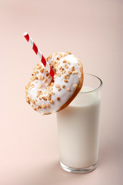 Glas Milch und Donut auf rosa Hintergrund